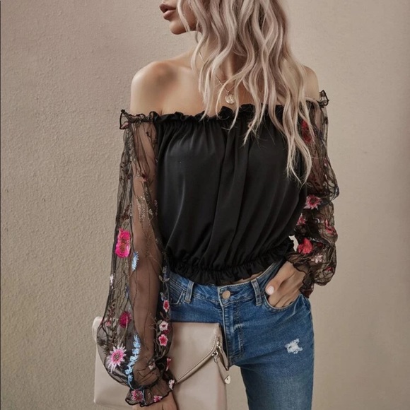 Boho floral mesh embroidered sleeve off shoulder blouse - Picture 3 of 8